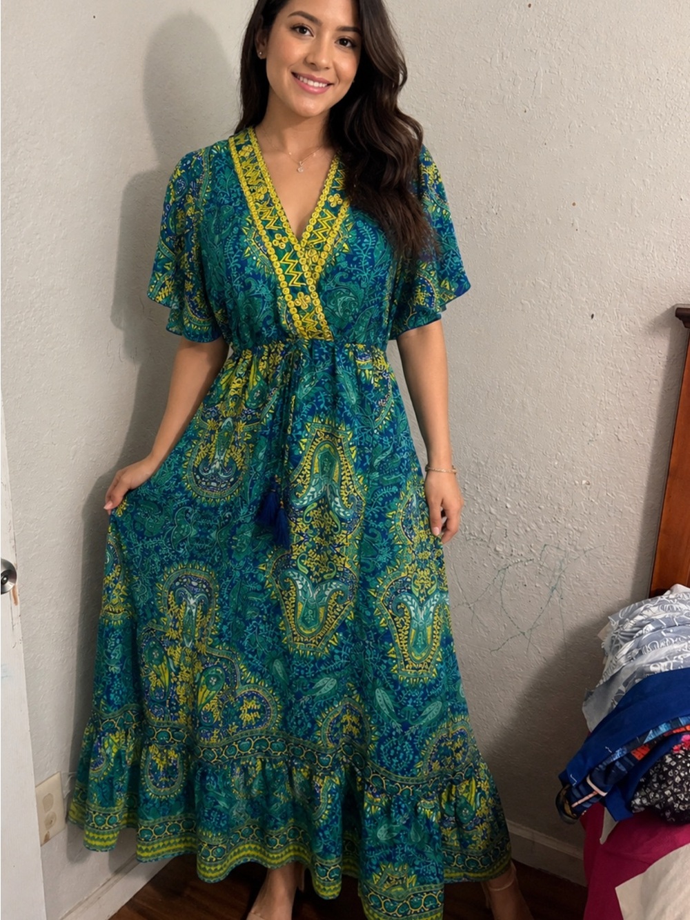 Teal & Yellow Paisley V-Neck Maxi Dress 304